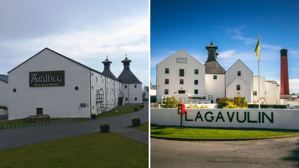 Two distilleries: Ardbeg on left, Lagavulin on right, with white buildings and Scottish architecture.