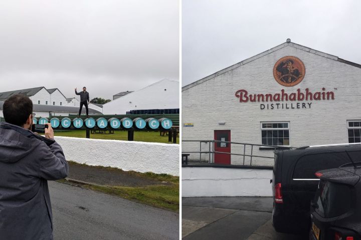 Man photographing another person at Bruichladdich and Bunnahabhain distilleries.