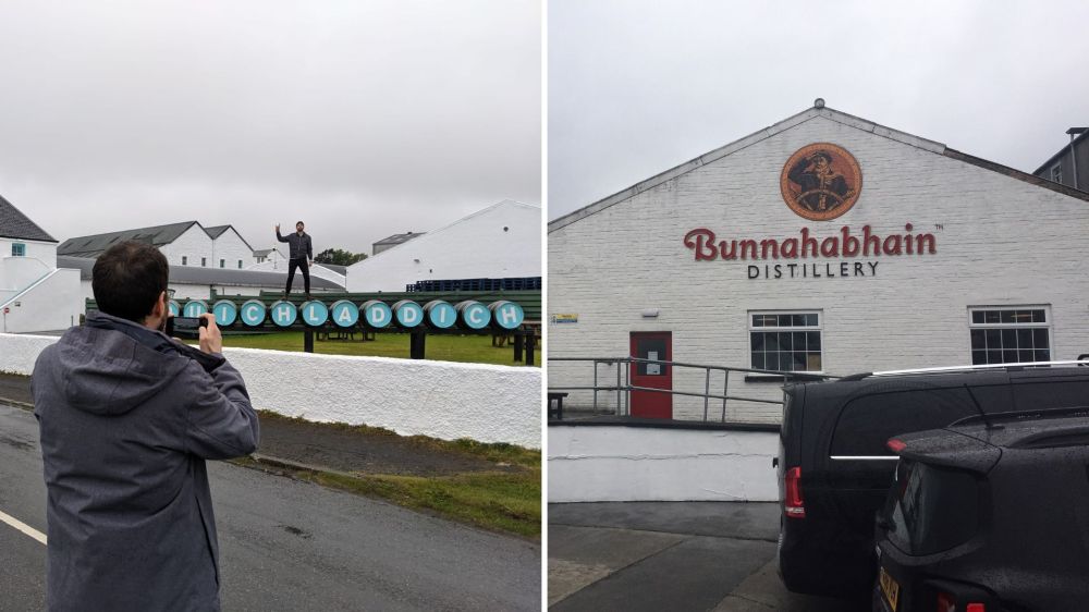 Man photographing another person at Bruichladdich and Bunnahabhain distilleries.